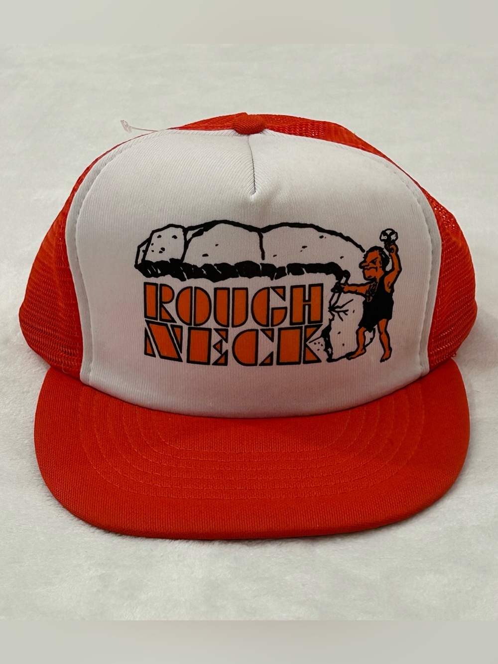 Vintage Capital 80s Rough Neck Cave Man Orange MeshBack SnapBack Trucker Hat Cap